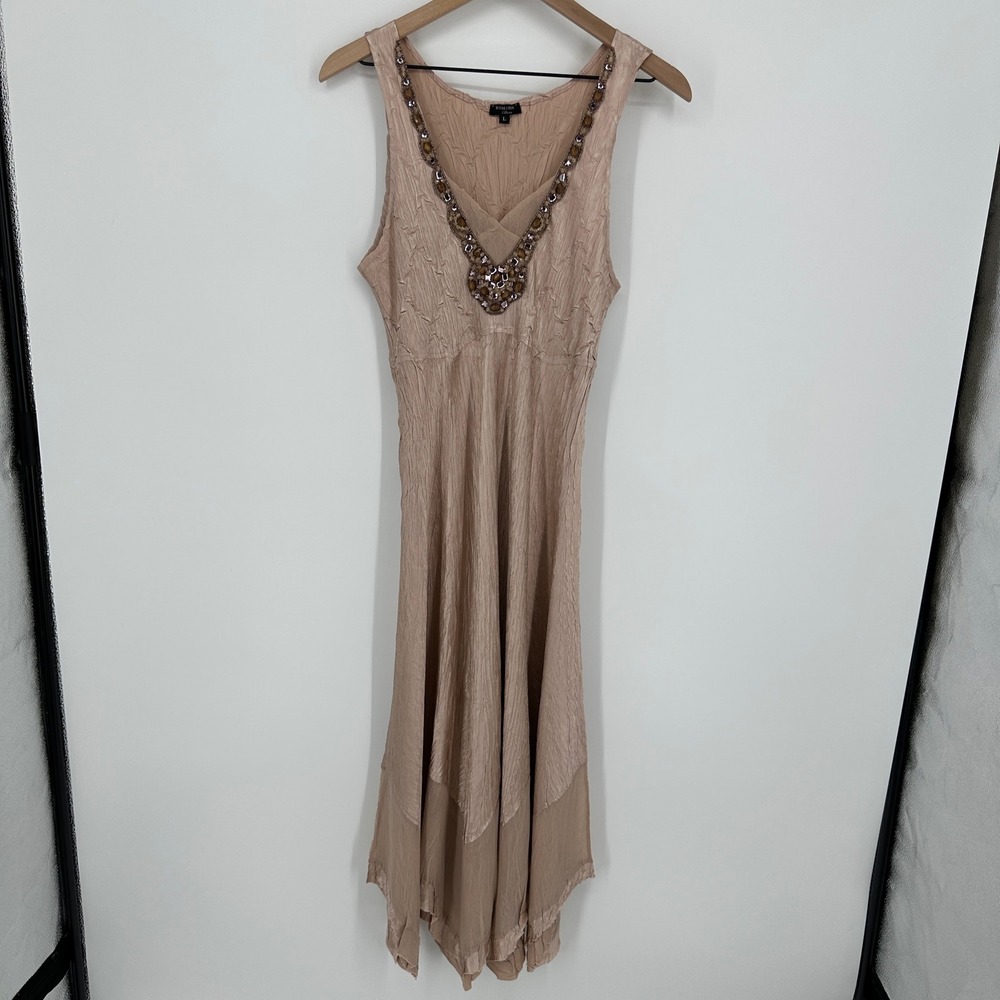 Komarov Dress Womens Large Pink Beaded V-Neck Crinkle Pleated Chiffon Midi